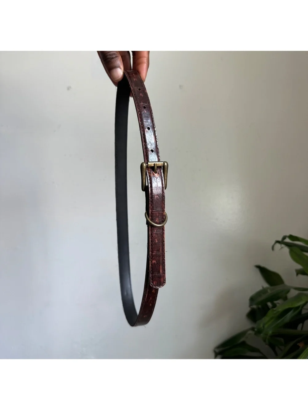 Vintage 90s Dark Brown Faux Croc Skinny Belt Brass Buckle Fits like M